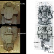 “Reconstructing” with photographs and carefully executed drawings of the imposing character (Monument 215) standing on top of the monster bat “capital” of the column-sculpture (Monument 217). The fragments of Stele 53 and 61 fitted with the remains of the column, thus recovering more of the ancient texts at its sides. All together it makes a monumental column-sculpture of at least 2.30m in height, and in every sense a historic landmark at the ancient city Tak’alik Ab’aj.