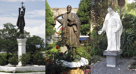 Monuments of Santo Hermano Pedro are rare on Tenerife, but there are several in La Antigua: (left) at the entrance to town, (center) in the garden of San Francisco Church, outside of the tomb where his remains lie, (right) at El Calvario Church where he first lived in Guatemala